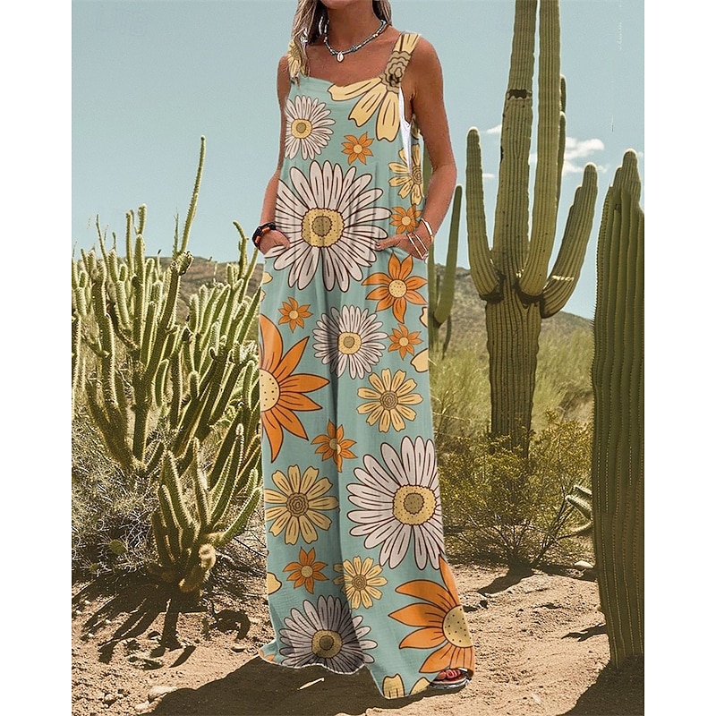 Women's Normal Jumpsuit Dungarees Casual Floral Sleeveless Wide Leg Pocket Street Daily Regular Fit Light Blue Summer