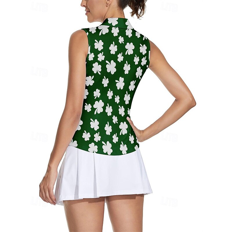 Women's Clover Tennis Shirt Sleeveless Print UPF50+ Quick Dry Tennis Golf Badminton Zip Collar Tee Tshirt Top Dark Green Tennis Clothing2