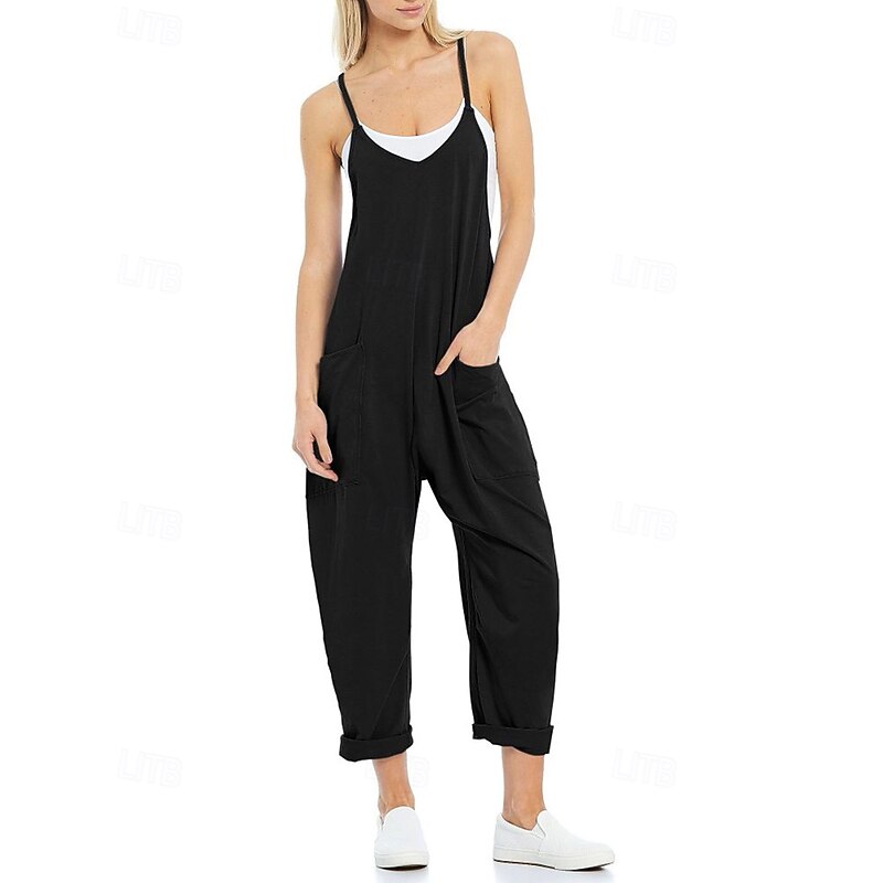 Women's Normal Jumpsuit Streetwear Solid Color Sleeveless V Neck Pocket Street Going out Regular Fit Black Army Green Khaki Summer2