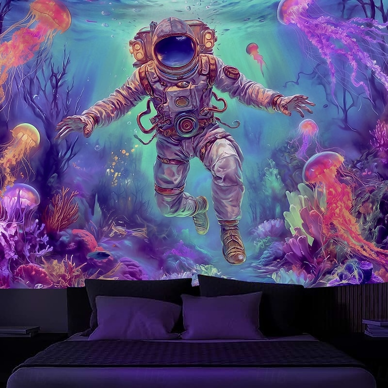 Blacklight Tapestry Glow in the Dark Glow Party UV Reactive Astronaut Trippy Misty Mushroom Hanging Tapestry Wall Art Mural for Living Room Bedroom