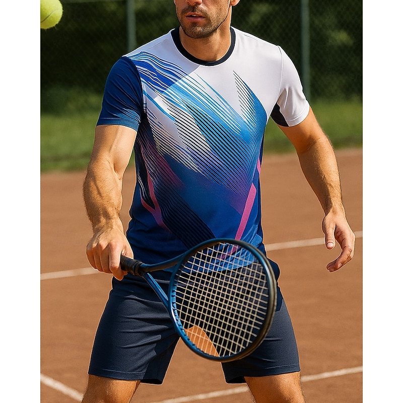 Men's Graphic Geometric Sports Set Shirts & Shorts Tennis Set Two-piece Suit Short Sleeves Sweat-Wicking Moisture Wicking Breathable Tennis Golf Pickleball Blue Green Tennis Clothing