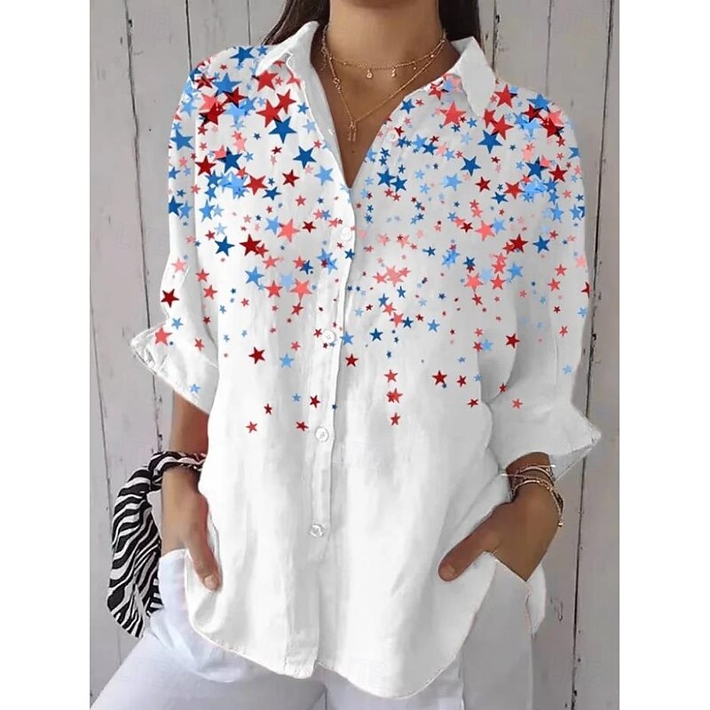 American Independence Day Women's Shirt Button Down Tunic Shirt Collar Long Sleeve Graphic Flag Vintage Daily Stylish Regular Tops Work Daily s Print White Red Blue Spring2
