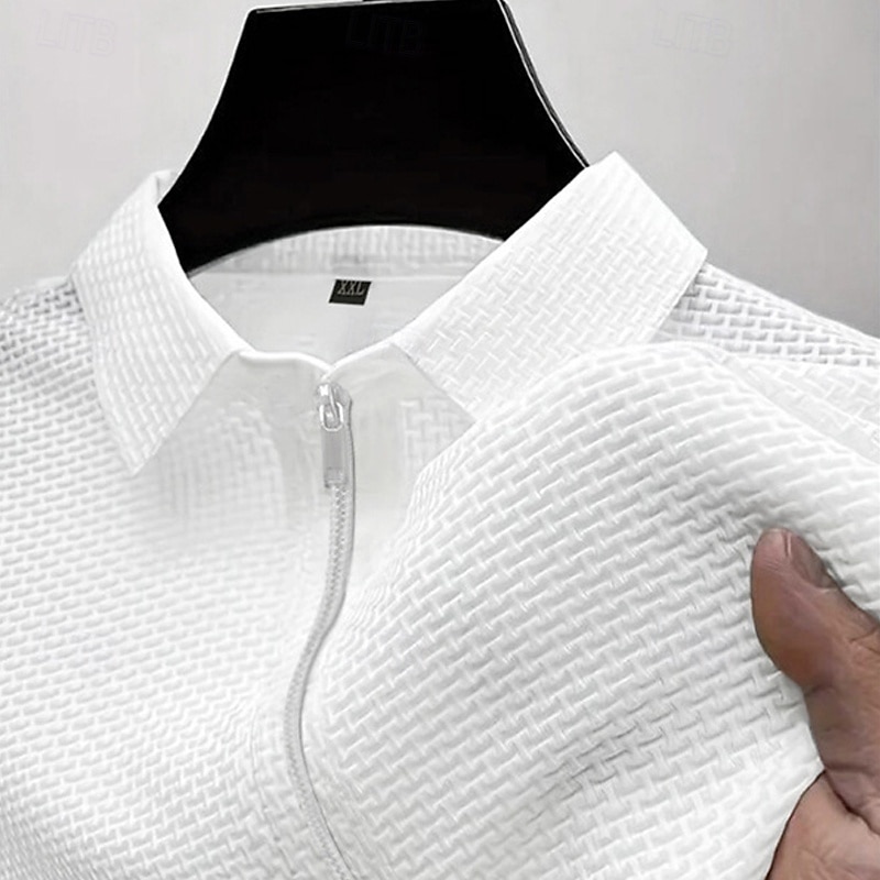 Men's Quarter Zip Polo Golf Shirt Daily Holiday Lapel Short Sleeve Fashion Basic Plain Jacquard Summer Regular Fit Black White Navy Blue Blue Dark Gray Light Sky Blue Quarter Zip Polo