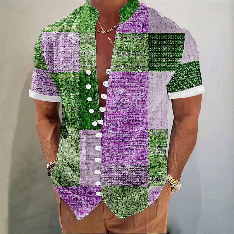 Men's Geometric Color Block Patchwork Shirt Button Up Shirt Stand Collar Shirt Short Sleeve Fashion Casual Vacation Daily Summer Spring Mandarin Collar 3D Print Linen Like Shirt Blue Purple Brown3