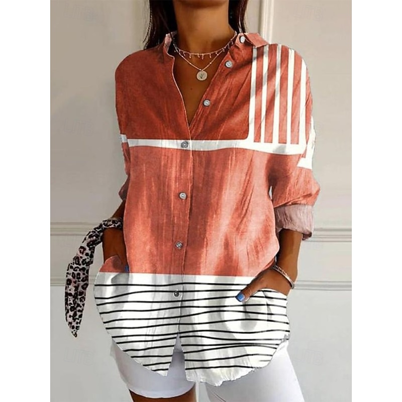 Women's Shirt Button Down Tunic Shirt Collar Long Sleeve Graphic Geometric Plaid Casual Regular Tops Work Daily s Print Yellow Pink Blue Orange Green Spring Fall3