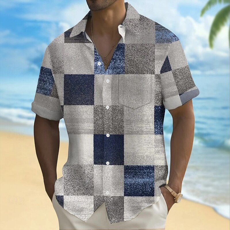 Men's Geometric Color Block Grid / Plaid Shirt Summer Shirt Button Up Shirt Short Sleeve Fashion Casual Vacation Holiday Streetwear Summer Turndown 3D Print Front One Pocket Linen Like Shirt Green