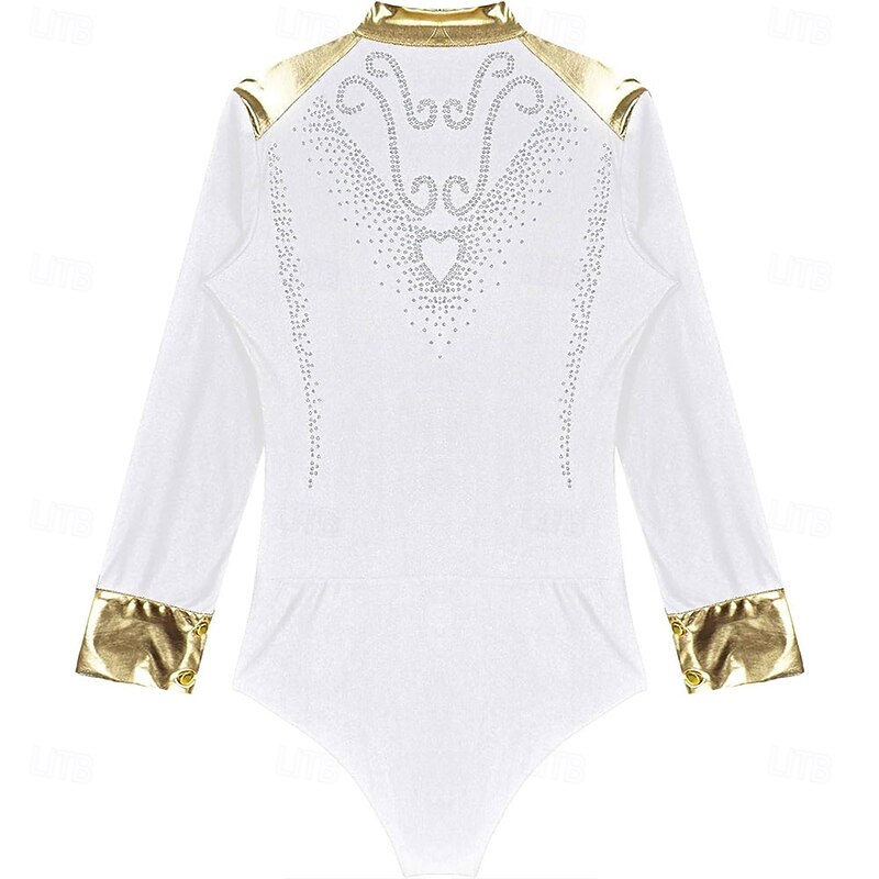 Men Shiny Rhinestones V Neck Long Sleeves Latin Dance Shirt Figure Skating Dance Leotard Bodysuit Costume3