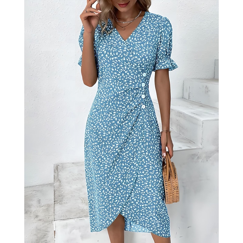 Women's Midi Dress Wrap Dress Elegant Lightweight Puff Sleeve Short Sleeve V Neck Going out Regular Fit Floral Black Pink Blue Green4
