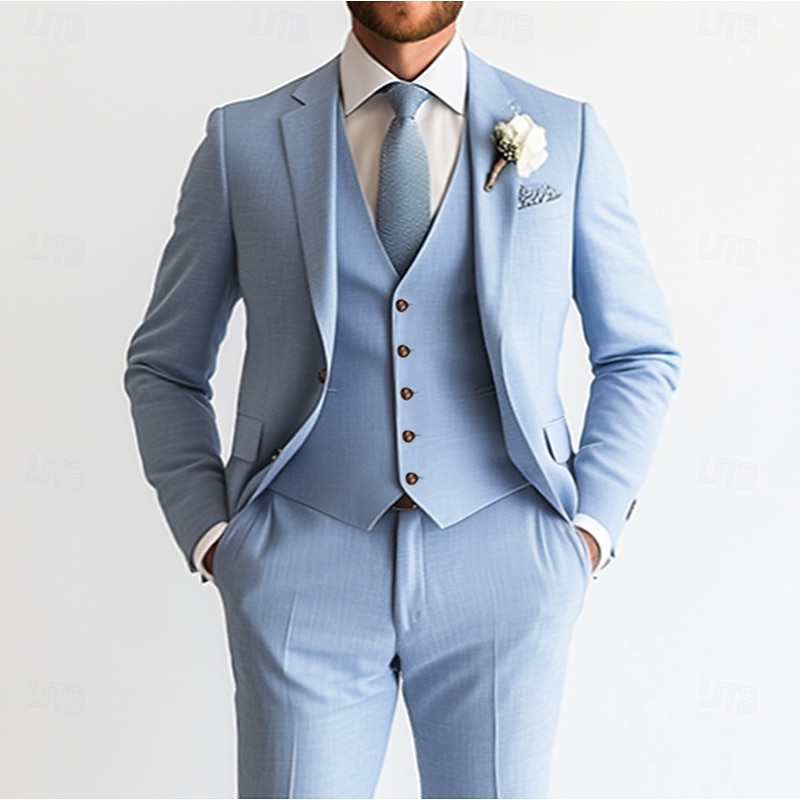 Men's Wedding Linen Suits Sky Blue Summer Fashion Formal Solid Colored Standard Fit 3 Piece Single Breasted Two-buttons3