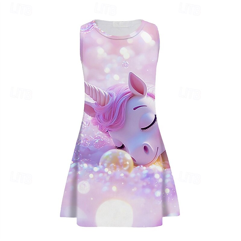 Girls' 3D Unicorn Dress Sleeveless Summer Spring Vacation Daily Holiday Princess Beautiful Sweet Kids 4-12 Years Casual Dress A Line Dress Knee-length Regular Fit2