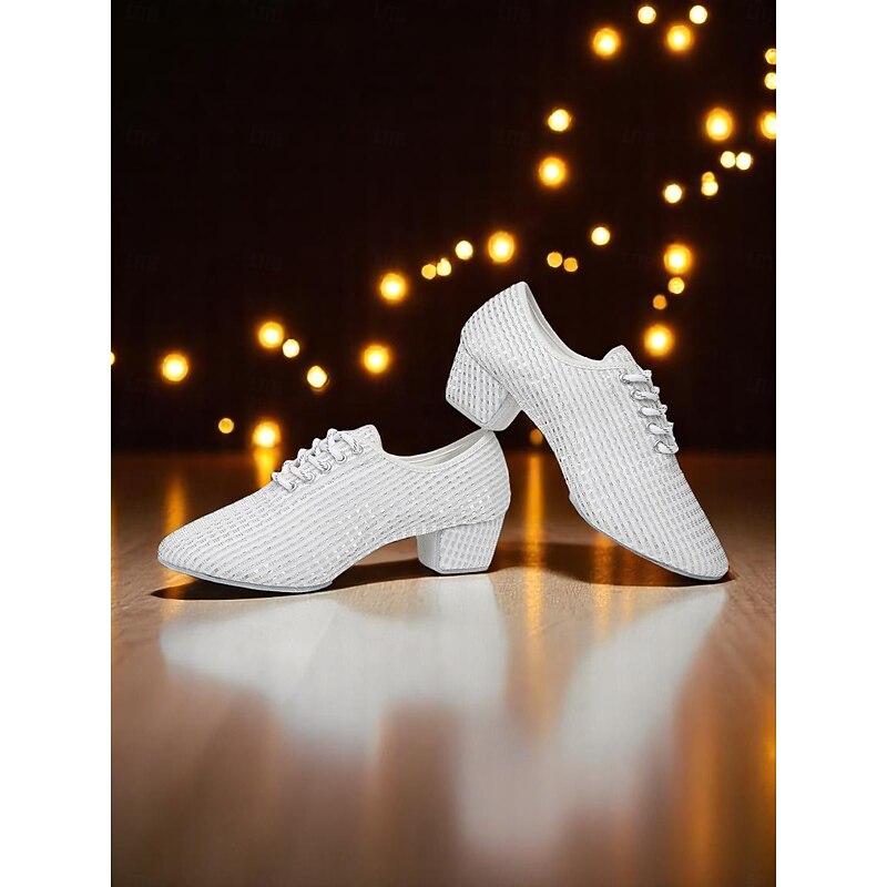 Women's White Mesh Latin Dance Shoes with Low Chunky Heels and Sparkling Rhinestones - Breathable Professional Ballroom Footwear for Performers and Competitions
