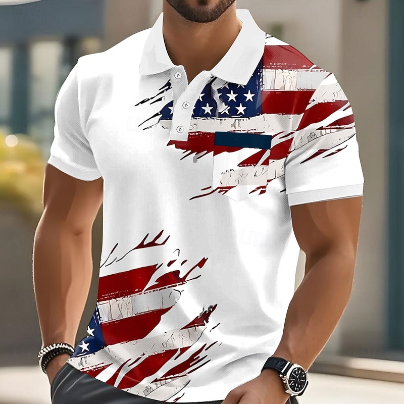 Independence Day Male American Flag Polo Short Sleeve Turndown Casual Daily Casual Festival Buttons Pocket Summer Robin's Egg Blue White2