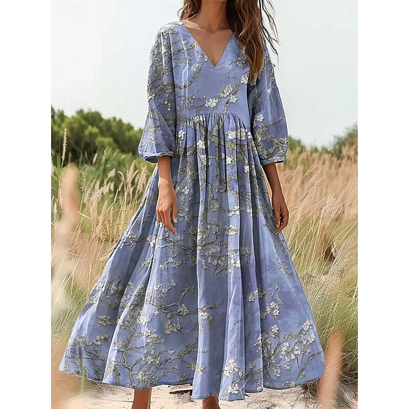 Women's Cotton Linen  Maxi Dress Sundress Pleated Dress Vacation Casual Boho Going out Beach Loose Fit 3/4 Length Sleeve V Neck Pink Blue Orange2