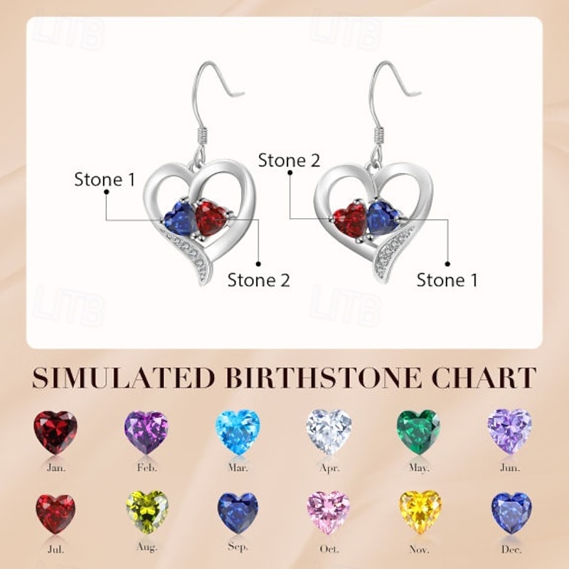 Birthstone Heart Earrings Custom Made, Romantic Mother's Day Gift for Mom, Valentine's Day Gift for Lover, Sweet Christmas, Anniversary, Birthday Gift for Wife or Grandmother, Symbol of Everlasting Love