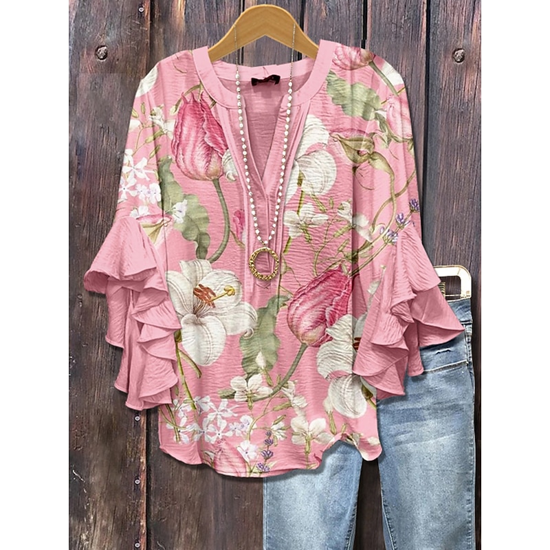 Women's Blouse V Neck Layered Ruffle Sleeve Tops Floral Graphic Vintage Daily Ethnic 3/4 Length Sleeve Regular Tops Daily Holiday Vacation Wear Print Pink Blue Purple Summer Spring