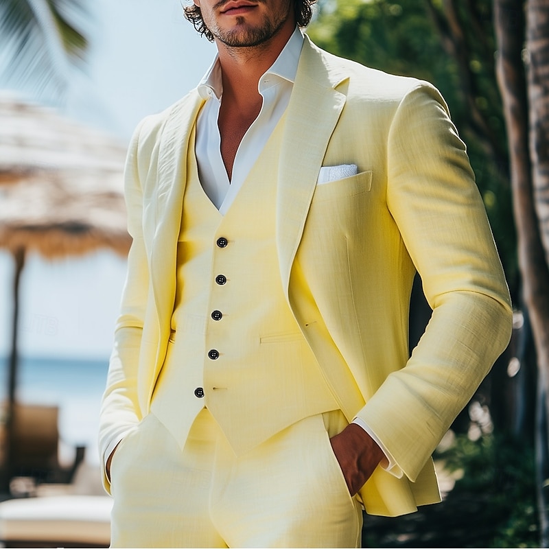 Men's Wedding Casual Linen Suits Daffodil Summer Yellow Fashion Formal Solid Colored Standard Fit 3 Piece Single Breasted One-button