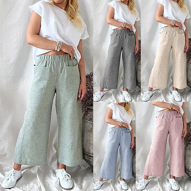 Women's Cotton Linen Pants Culottes Wide Leg Slacks Streetwear Casual Full Length Natural Striped Pocket Elastic Waist Comfy Comfortable Street Going out Apricot Black Pink Blue Summer Regular Fit