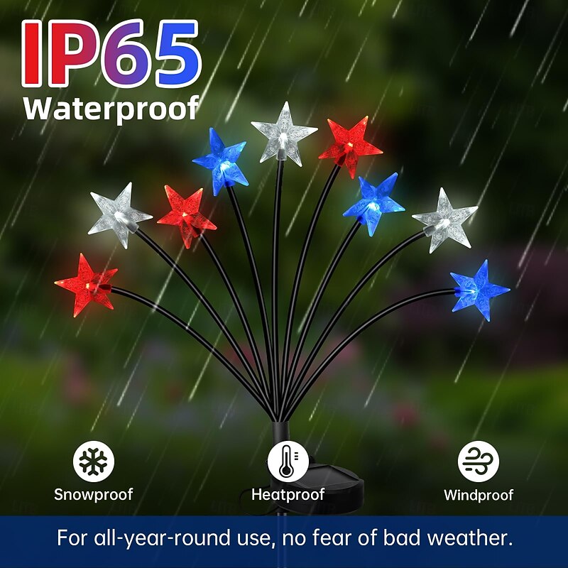 2 Pcs 9 Heads outdoor solar waterproof red, white, blue tricolor pentagram ground mounted lights, July 4th, USA Independence Day courtyard garden lawn patriotic party decoration lights