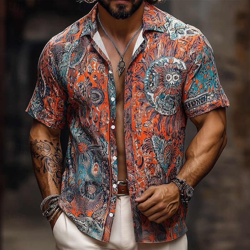 Men's Vintage Indian Boho Shirt Summer Hawaiian Shirt Button Up Shirt Short Sleeve Hawaiian Vacation Holiday Beach Wear Summer Spring Turndown 3D Print Collared Shirts Blue Orange