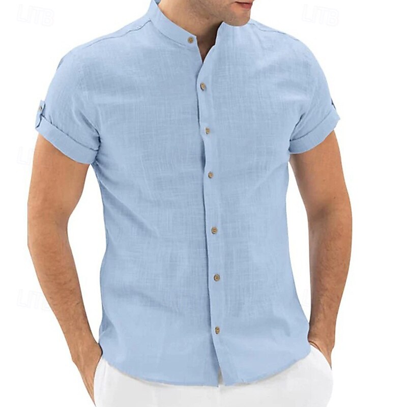 Men's Shirt Linen Shirt Band Collar Shirt Popover Shirt Summer Shirt Beach Wear Solid Color Vacation Street White Navy Blue Sky Blue Short Sleeve Mandarin Collar Summer Spring Clothing Apparel