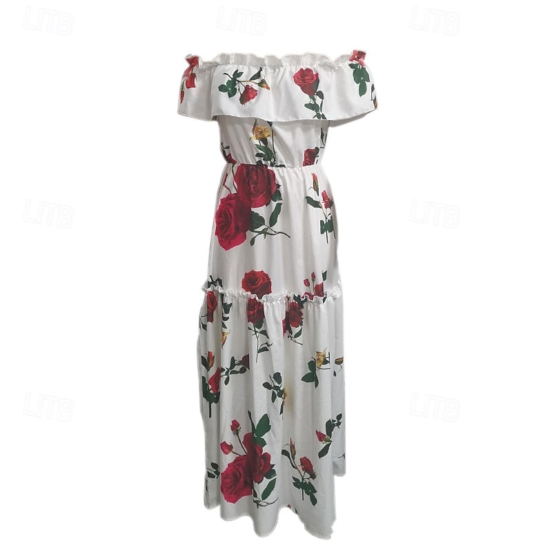Women's Long Dress Maxi Dress Cocktail Dress Print Dress Fashion Modern Outdoor Vacation Tea Party Regular Fit Flower Short Sleeve Off Shoulder White Summer4