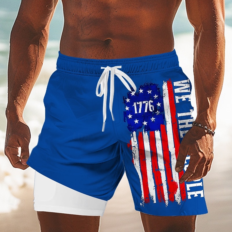 Independence Day Men's US Flag Patriotic Fourth of July Lined Shorts 2 in 1 Board Shorts Swim Shorts Mid Waist Holiday Side Pockets With Compression Liner Elastic Drawstring Waist Designer Clothing4