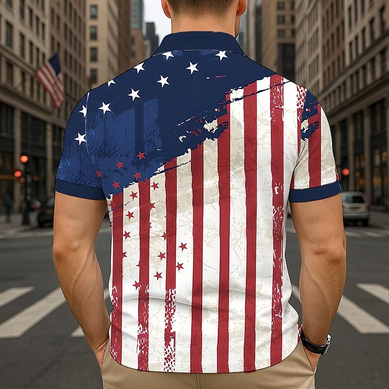 Independence Day Men's American US Flag Zip Polo Short Sleeve Turndown Casual / Sporty Sports & Outdoor Athleisure 3D Print Summer Robin's Egg Blue2