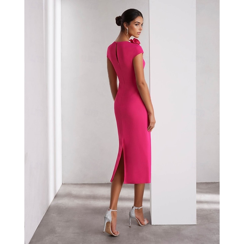 Column Cocktail Dresses Elegant Formal Wedding Guest Ankle Length Short Sleeve Crew Neck Stretch Crepe with Shouder Flower2