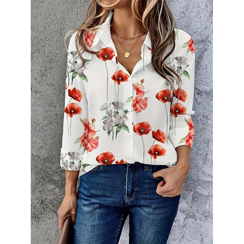 Women's Shirt Button Down Tunic Shirt Collar Long Sleeve Floral Graphic Vintage Tropical Daily Regular Tops Work Daily Holiday s Print White Blue Spring4