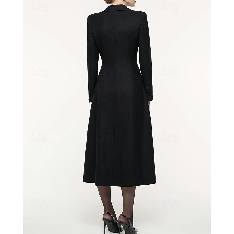 Tuxedo Dress A-Line Formal Wedding Guest Stretch Crepe Elegant Minimalist Long Sleeve Tea Length Peak Lapel Single Breasted4