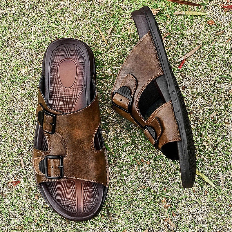 Men's Brown Buckled Faux Leather Slippers with Arch Support Anti-Slip Sole for Adults Suitable for Home Lounge Summer Streetwear Relaxed Day Outings4