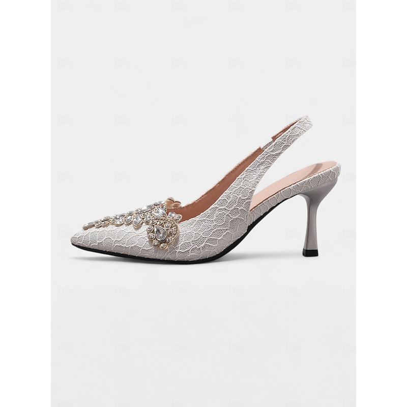 Women's White Lace Slingback Kitten Heels with Rhinestone Embellishments - Vintage-Inspired Cocktail Party Shoes for Bridesmaids, Garden Receptions and Outdoor Celebrations4