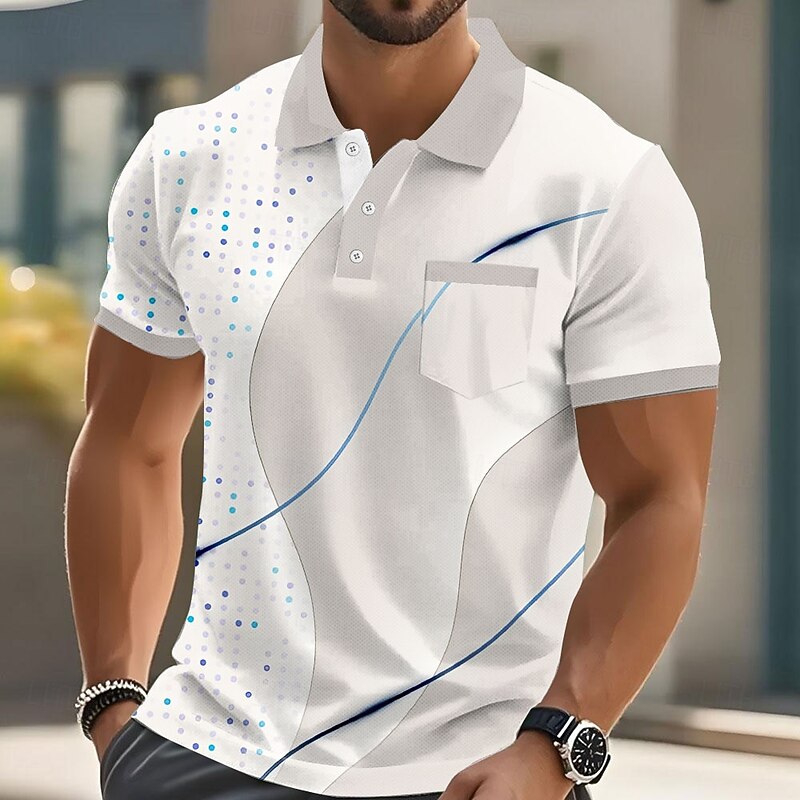 Men's Male Geometic Line Polo Short Sleeve Turndown Business Casual Sports & Outdoor Business Casual Daily Pocket Buttons Summer Amethyst Robin's Egg Blue Grey