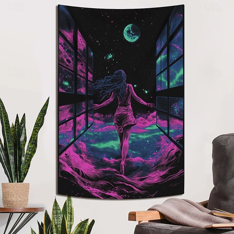 Blacklight Tapestry Glow in the Dark Glow Party UV Reactive Sexy Girl Trippy Misty Hanging Tapestry Wall Art Mural for Living Room Bedroom4