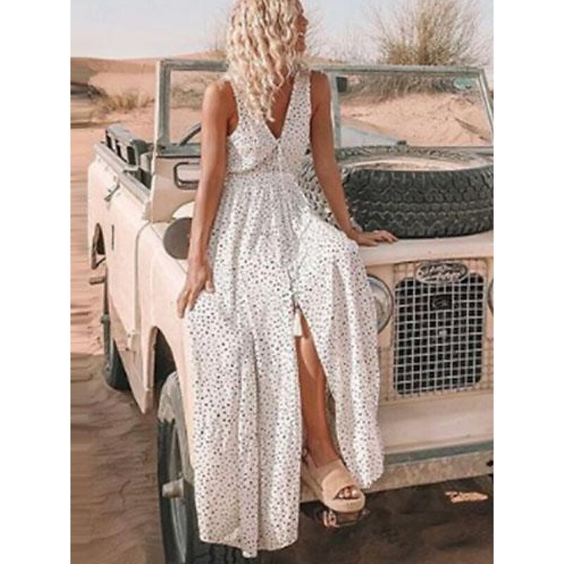 Women's Maxi Dress A Line Dress Slip Dress Casual Outdoor Going out Regular Fit Polka Dot Sleeveless Spaghetti Strap Light Blue White Pink Beige Summer4