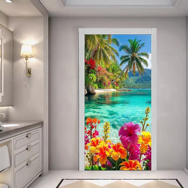 Ocean Beach Door Decorations Door Covers Summer Floral Door Tapestry Door Curtain Decoration Backdrop Indoor/Outdoor Door Banner for Front Door Farmhouse4