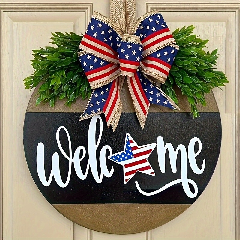 Patriotic Wooden Door Sign Decoration for Independence Day 4th of July, USA Flag Red White Blue Welcome Hanging Outdoor Wall Decor