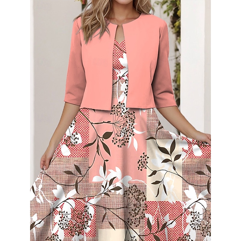 Women's Two Piece Dress Sets Midi Dress with Jacket Elegant A Line Dress Half Sleeve Party Semi Formal Floral Graphic Print V Neck Wedding Guest Daily Pink Blue Purple Regular Fit3