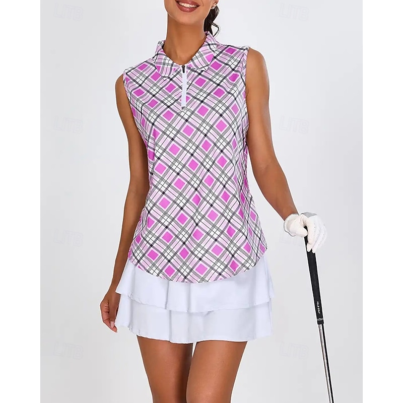 Women's Checkered Tennis Shirt Sleeveless Print UPF50+ Quick Dry Tennis Golf Badminton Zip Collar Tee Tshirt Top Purple Tennis Clothing2