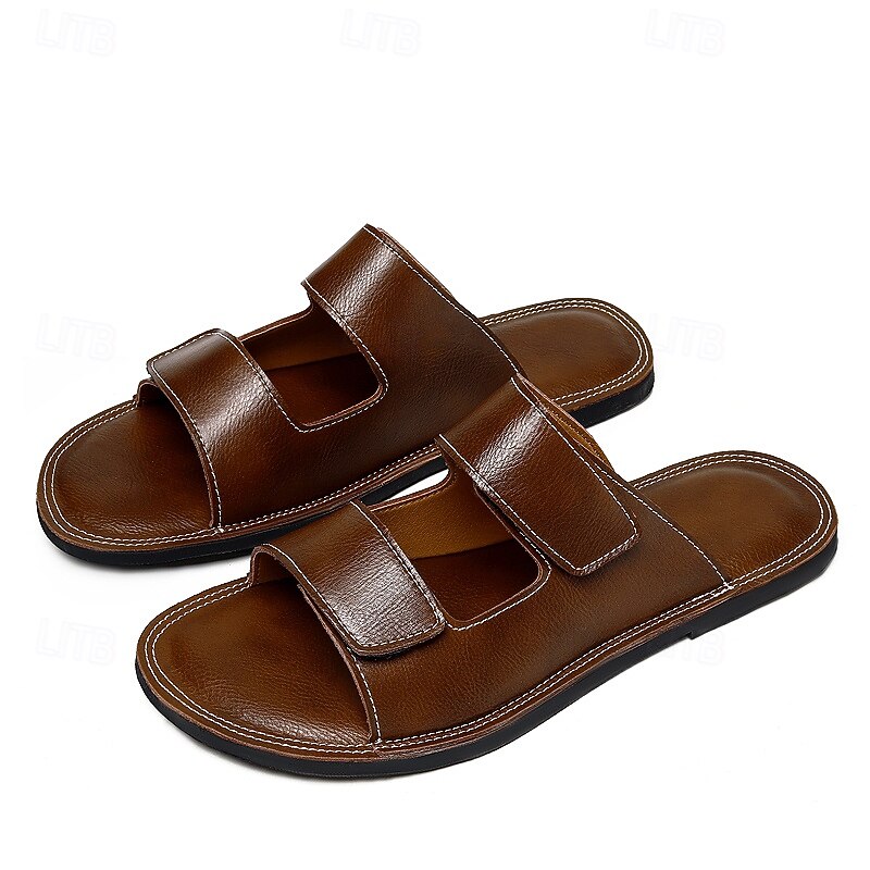 Men's Brown Wide Fit Sandals with Dual Magic Tape Straps Soft Footbed for Adults Great for Elderly Daily Indoor Use Easy Slip-On Comfort for Home or Travel4