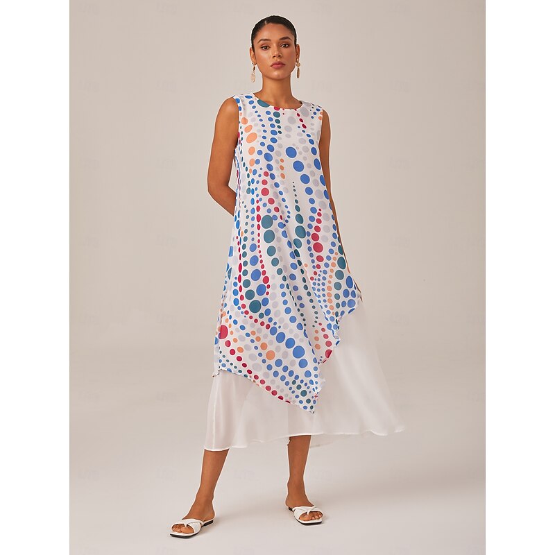 Colorful Polka Dot Flowy Chiffon Layered Maxi Dress