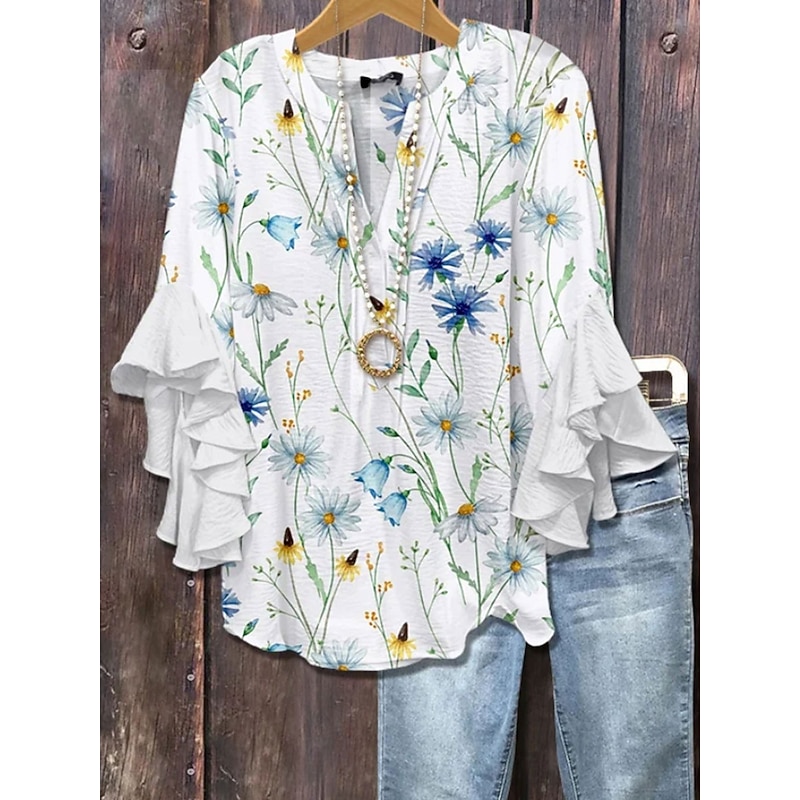 Women's Blouse V Neck Layered Ruffle Sleeve Tops Floral Graphic Vintage Daily Ethnic 3/4 Length Sleeve Regular Tops Daily Holiday Vacation Wear Print Pink Blue Purple Summer Spring2