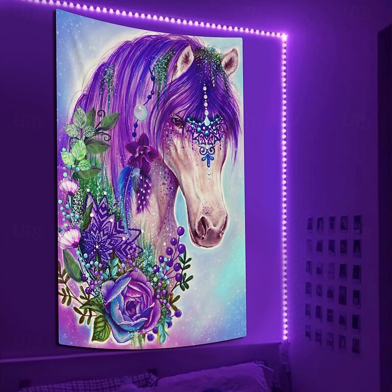 Sheena Pike Blacklight Tapestry Glow in the Dark Glow Party UV Reactive Trippy Misty Hanging Tapestry Wall Art Mural for Living Room Bedroom Gypsy Violet Horse3