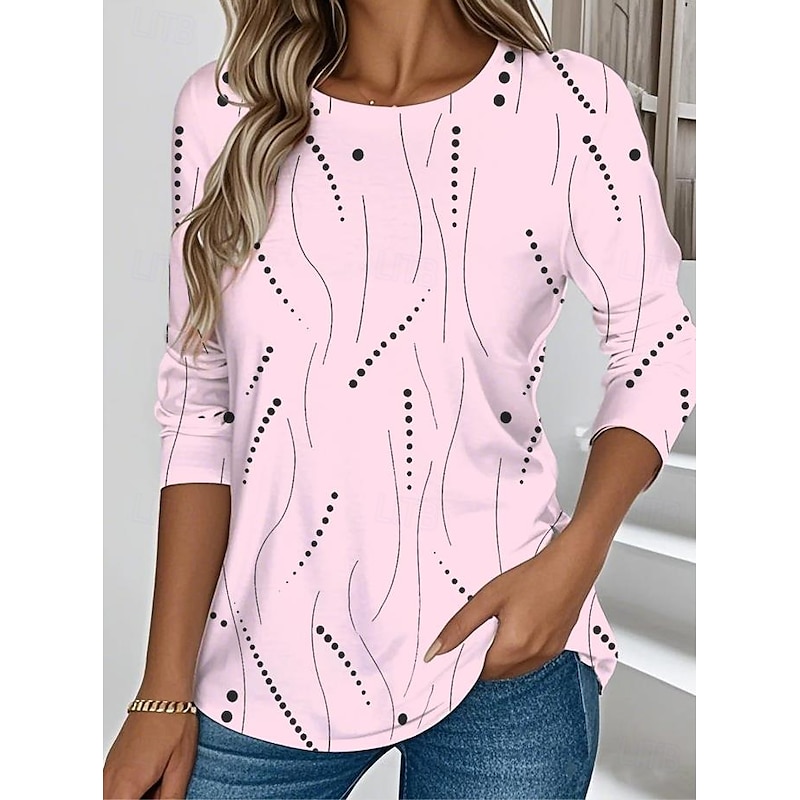 Women's T shirt Long Sleeve Crew Neck Long Sleeve Tunic Graphic Geometric Elegant Vintage Stylish Regular Tops Daily Print Yellow Pink Blue Prefall3