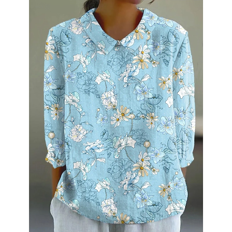 Women's Blouse Long Sleeve Peter Pan Collar Casual Floral Graphic Daily Stylish Collar Regular Tops Daily Buttons Print Blue Dusty Blue Beige Summer Spring