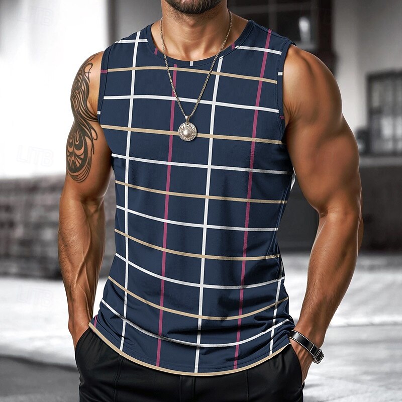 Men's Vest Top Undershirt Sleeveless Shirt Sleeveless Crewneck Spring & Summer Plaid / Striped / Chevron / Round Fashion Designer Vacation Street Going out Sillver Gray Black+beige Black+red+blue Top4