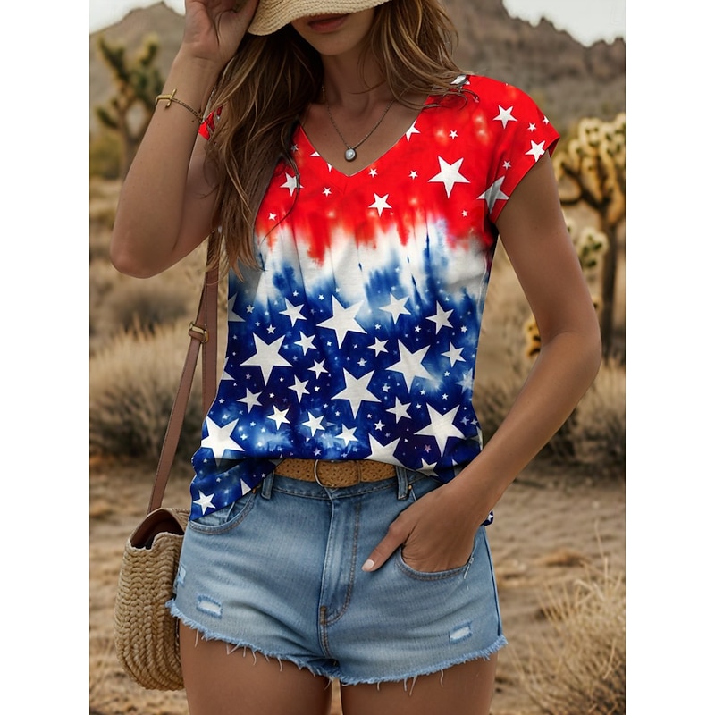 Women's Patriotic  Camisole Tank Top Graphic Flag Vintage Stylish Classic Sleeveless Red White And Blue Short Sleeve V Neck Regular Tops Daily Print Red Summer Spring