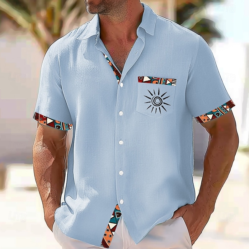 Men's Sun Tribal Ethic / African Shirt Button Up Shirt Short Sleeves Vintage Retro Casual Daily Summer Spring Turndown 3D Print Front One Pocket Linen Like Shirt Pink Blue Green Khaki2