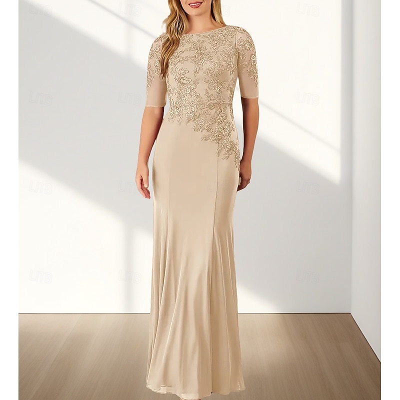 Mermaid / Trumpet Mother of the Bride Dress Wedding Guest Elegant Crew Neck Floor Length Chiffon Half Sleeve with Appliques