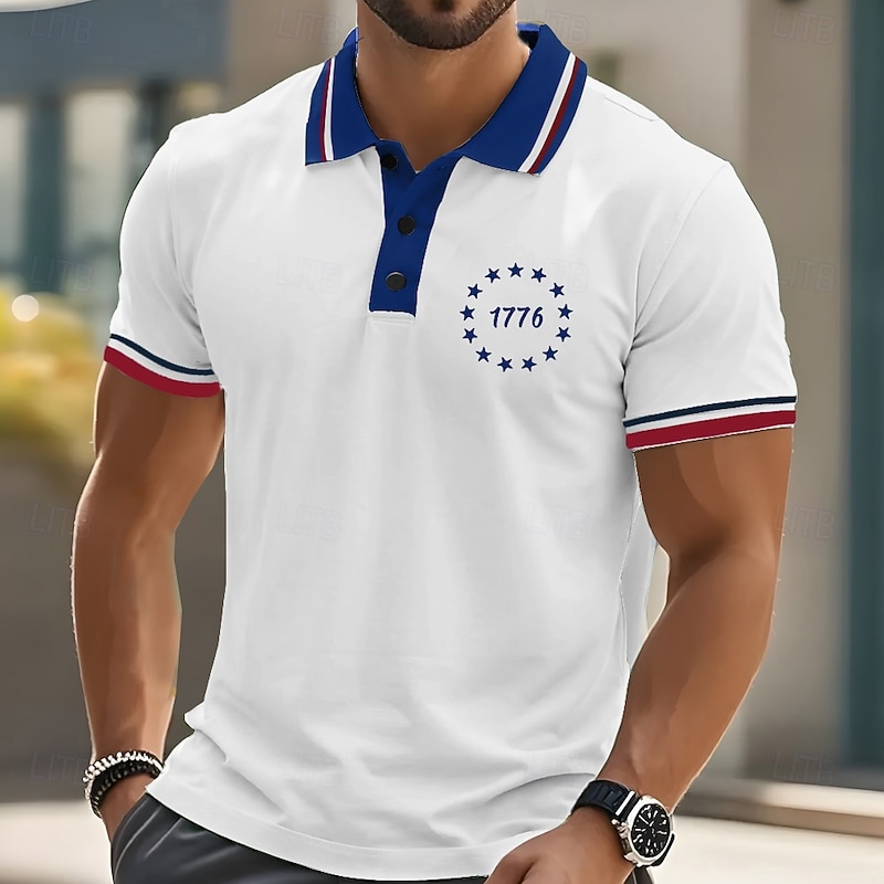 Men's American US Flag Polo Short Sleeves Polo Collar Casual Daily Athleisure Casual Daily Festival Buttons Summer White Blue Orange
